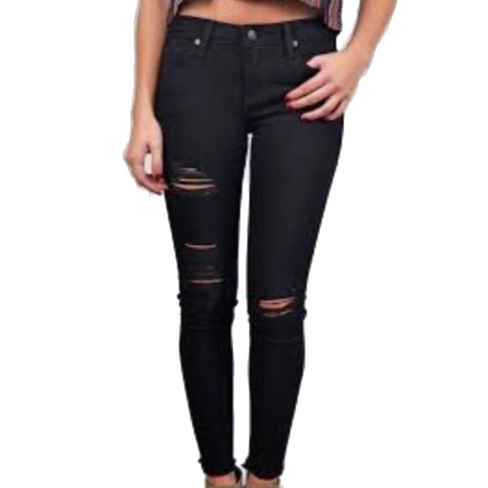 Just Black Denim Black Skinny Jeans Raw Hem Distressed Black Denim Stretch 27